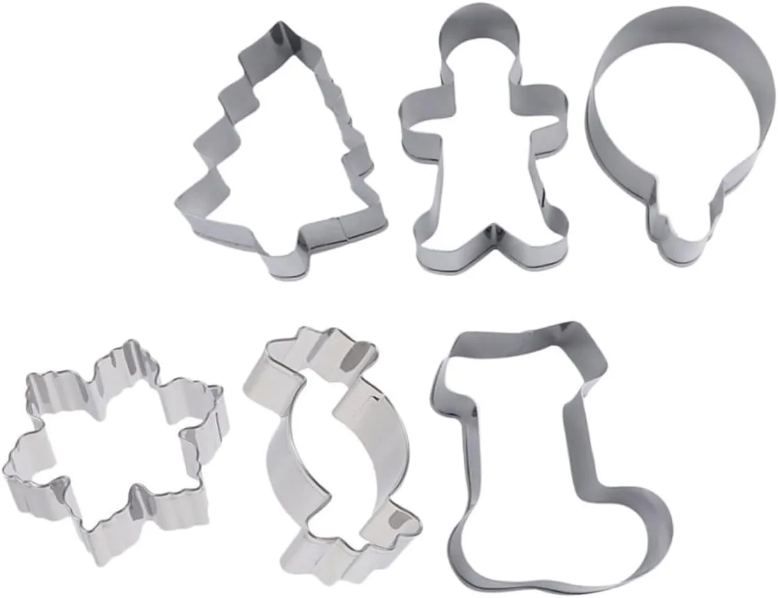 6Pcs Christmas Cookie Cutters Baking Molds for Gingerbread Man Christmas Tree Snowflake Candy Boot and Bell Shapes Holiday Baking Tools