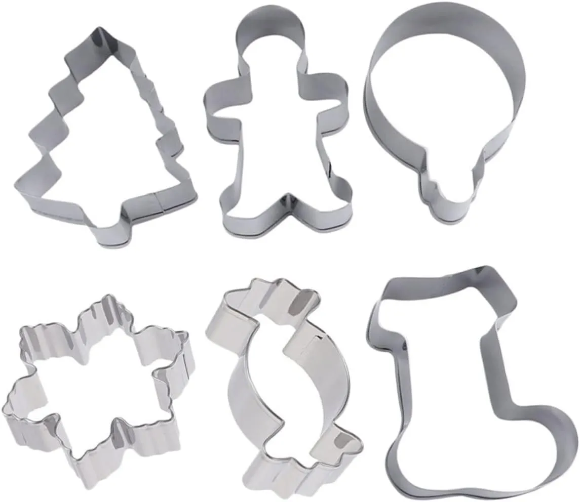 6Pcs Christmas Themed Biscuit Molds Cookie Cutters for Baking Gingerbread Man Christmas Tree Bell Candy Snowflake Boot Baking Tool