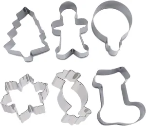 6Pcs Christmas Themed Biscuit Molds Cookie Cutters for Baking Gingerbread Man Christmas Tree Bell Candy Snowflake Boot Baking Tool