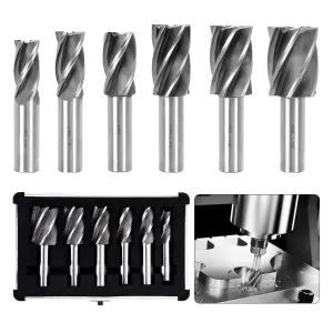 6PCS H.S.S End Mill Set - Bridgeport End Mills 4 and 6 Flute, Cutting Dia 3/4-1 Inch, 3/4" Weldon Shank, Industrial Tools for Versatility and Precision Hard Alloy Steel