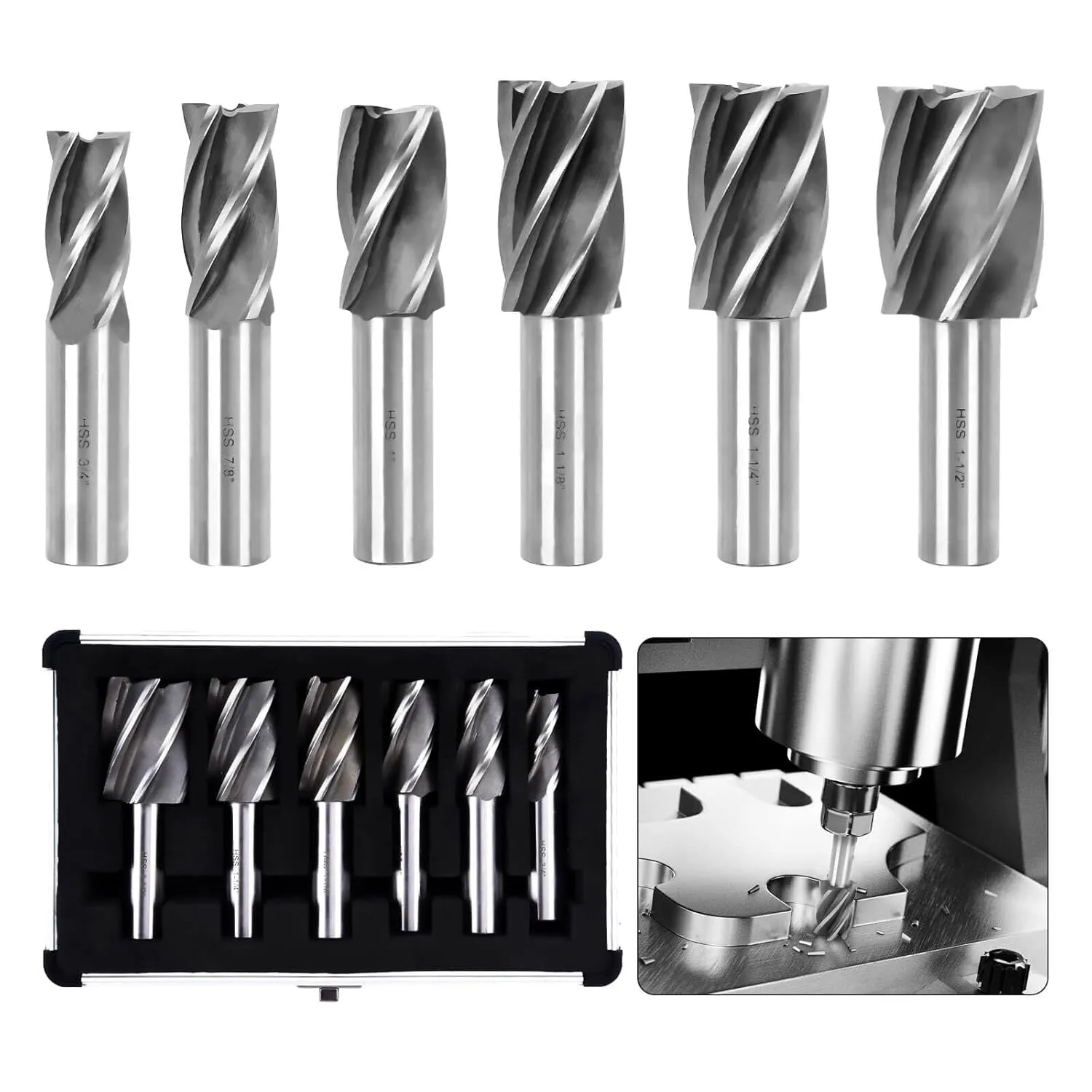 6PCS H.S.S End Mill Set - Bridgeport End Mills 4 and 6 Flute, Cutting Dia 3/4-1 Inch, 3/4" Weldon Shank, Industrial Tools for Versatility and Precision Hard Alloy Steel