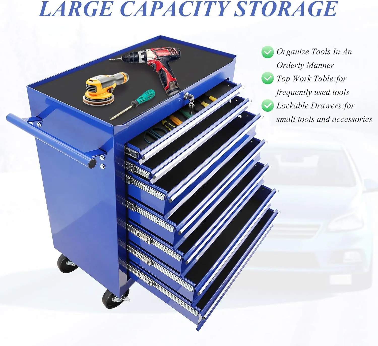 7 Drawer Rolling Tool Chest,Blue Large Toolboxes On Wheels,Locking Tool Cart, Tool Cabinets for Garage,Workshop,Repair Shop