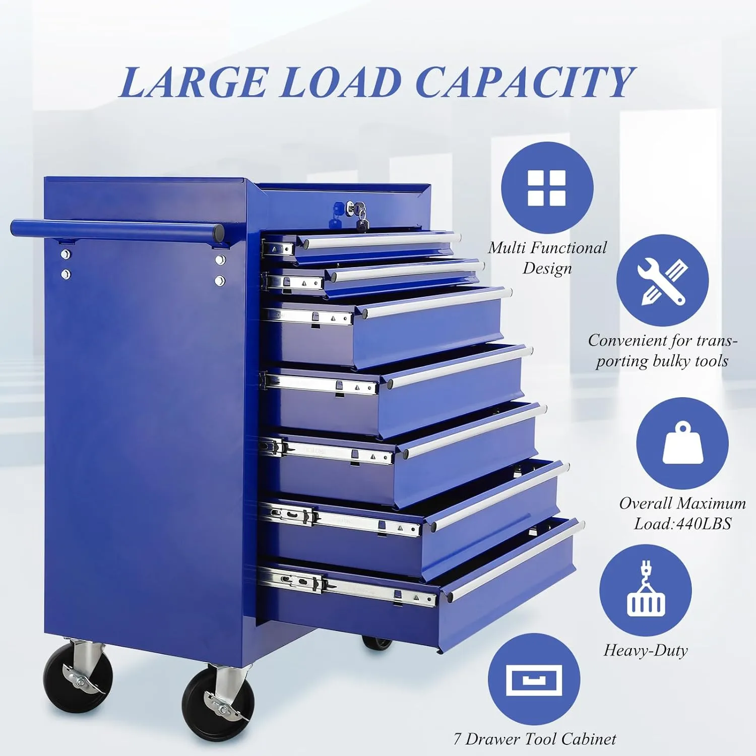 7 Drawer Rolling Tool Chest,Blue Large Toolboxes On Wheels,Locking Tool Cart, Tool Cabinets for Garage,Workshop,Repair Shop
