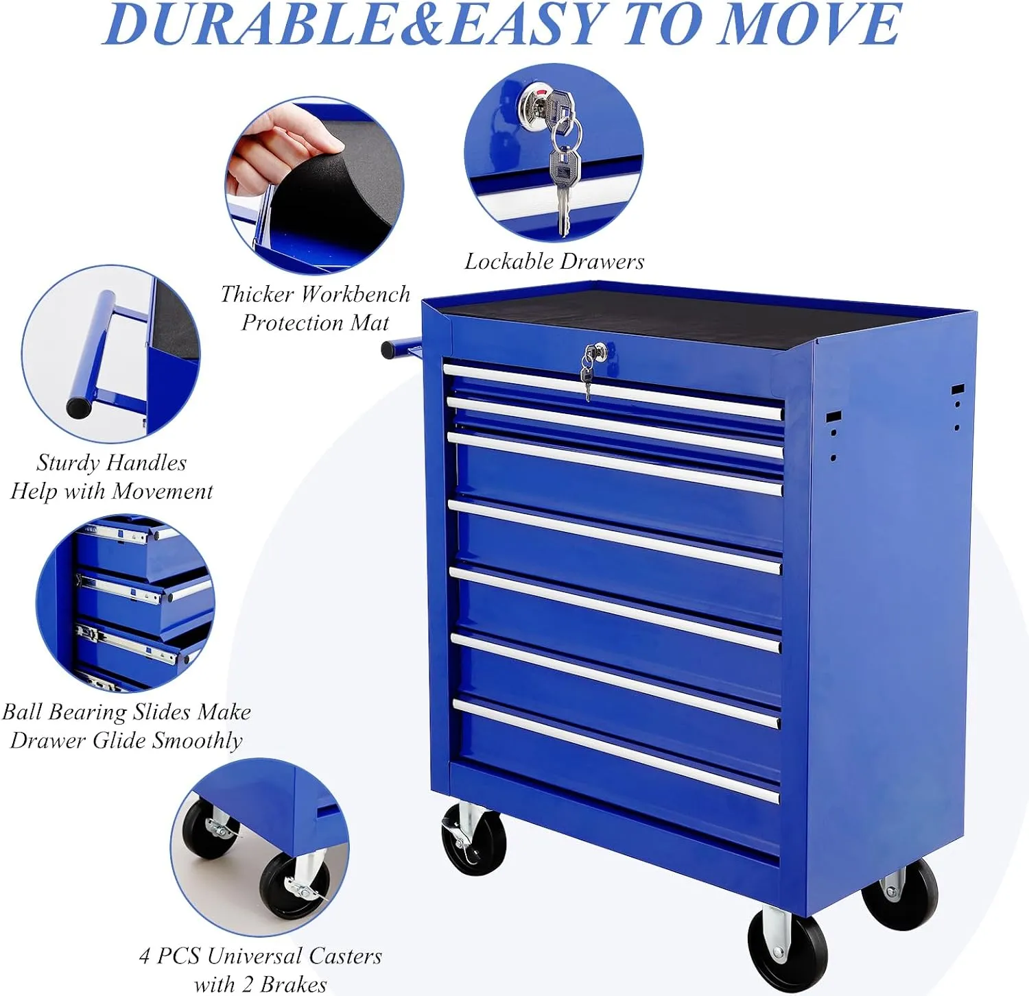 7 Drawer Rolling Tool Chest,Blue Large Toolboxes On Wheels,Locking Tool Cart, Tool Cabinets for Garage,Workshop,Repair Shop
