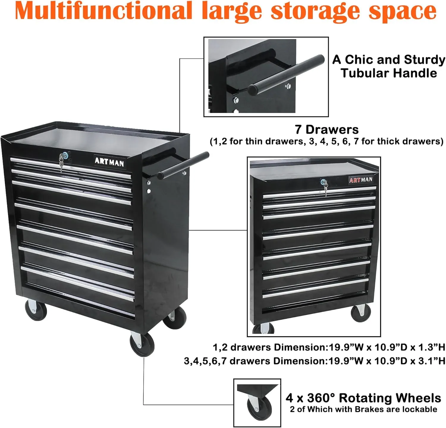 7 Drawers Tool Cart on Wheels,Multifunctional Rolling Tool Chest Tool Storage,Drawers Rolling Tool Trolley Organizer Tool Case for Garage,Warehouse,Workshop,Repair Shop (7 Drawers-29.9"H-Black)