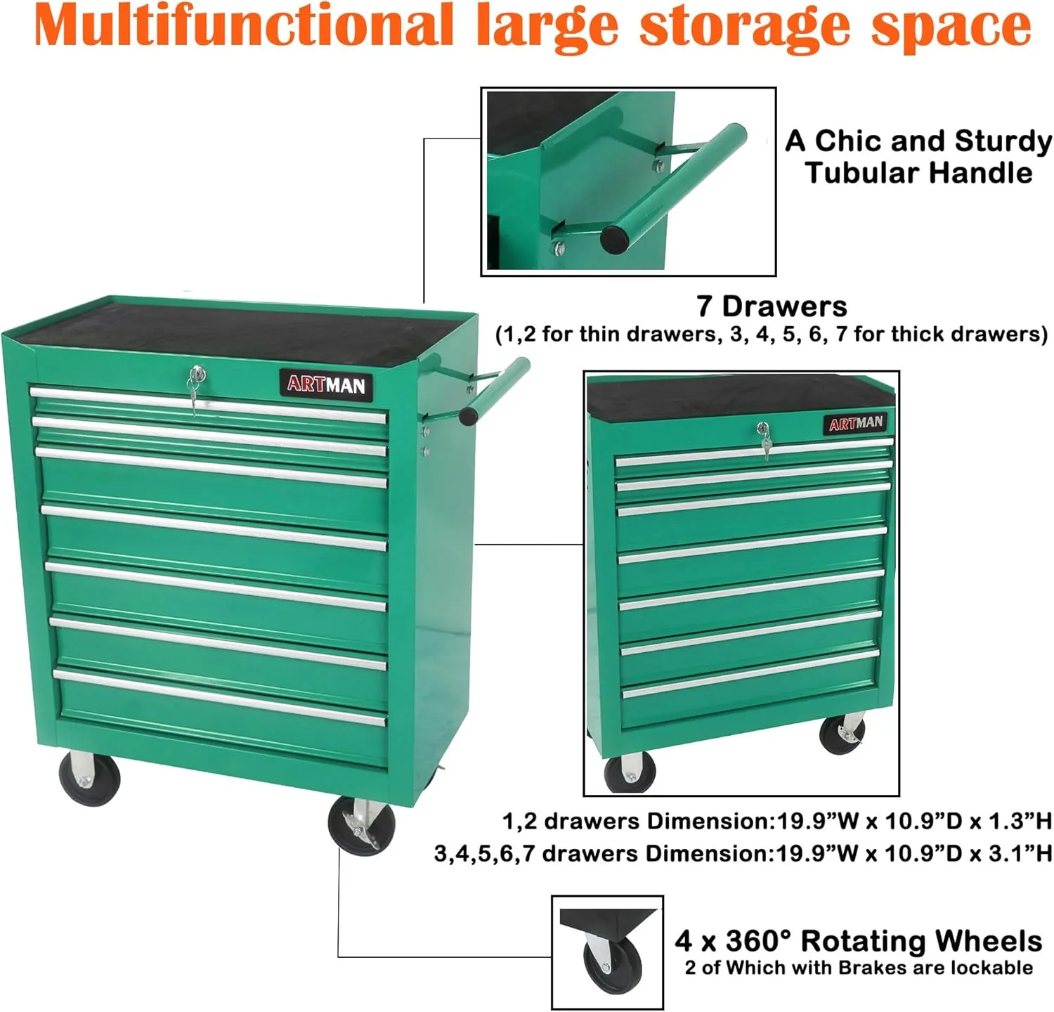 7 Drawers Tool Cart on Wheels,Multifunctional Rolling Tool Chest Tool Storage,Drawers Rolling Tool Trolley Organizer Tool Case for Repair Shop,Garage,Warehouse,Workshop (7 Drawers-29.9"H-Green)