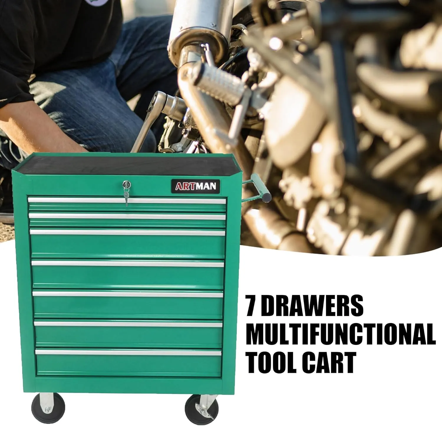 7 Drawers Tool Cart on Wheels,Multifunctional Rolling Tool Chest Tool Storage,Drawers Rolling Tool Trolley Organizer Tool Case for Repair Shop,Garage,Warehouse,Workshop (7 Drawers-29.9"H-Green)