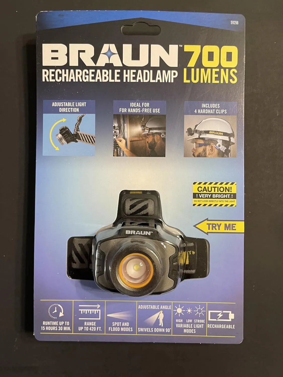 700 Lumen Adjustable Rechargeable LED Headlamp - Includes Charging Cable, IPX4 Rated, Water-Resistant, 420 Ft. Range, 11 Hours Runtime, Three Light Modes: High, Low, and Strobe