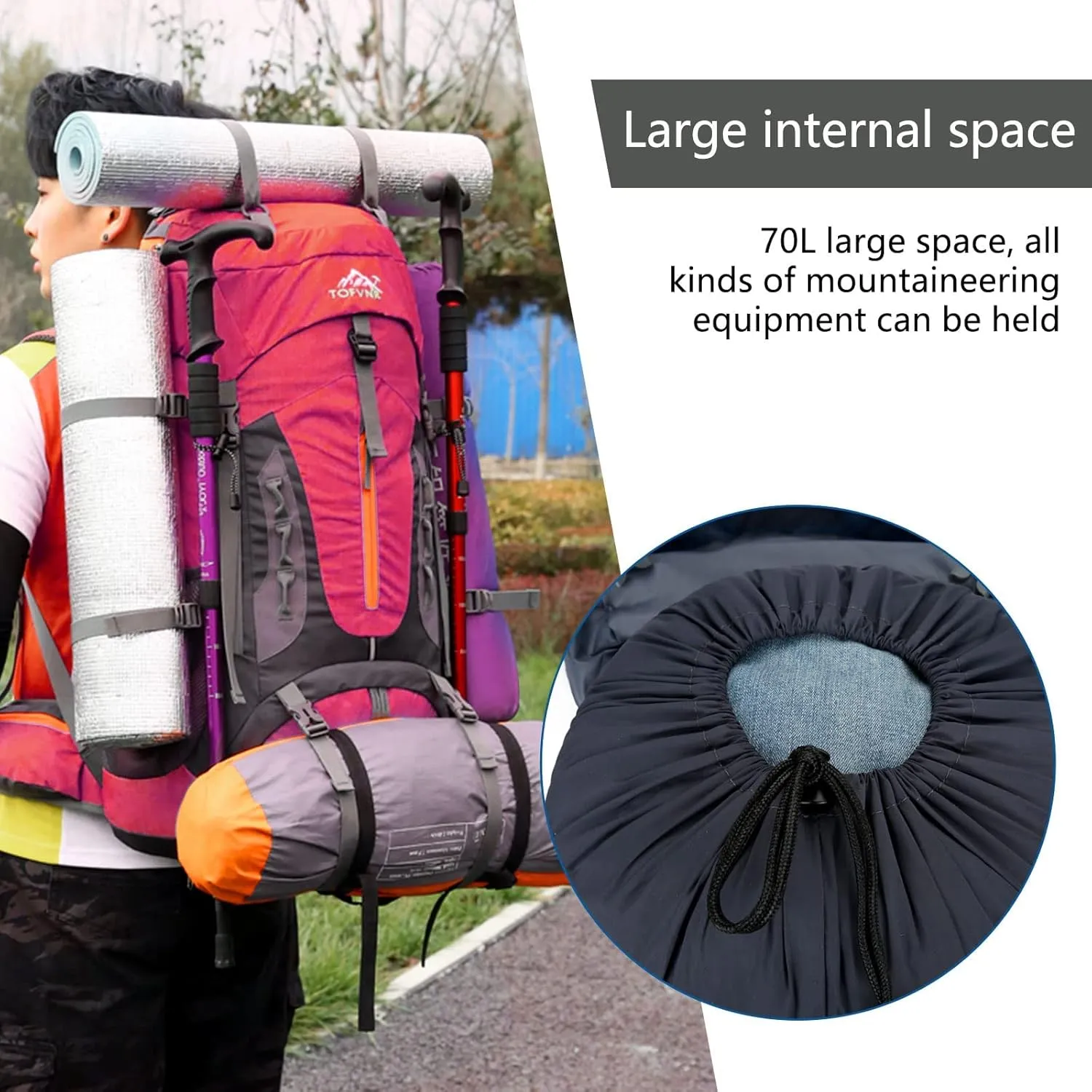 70L Large Camping Hiking Backpack , Lightweight Nylon Trekking Rucksack,For Men Women Outdoor Large Capacity Sports Mountaineering Backpack Climbing Travel Waterproof Daypack, Red