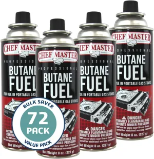 72 x 8oz. Butane Fuel Canister, Butane Fuel Refill for Portable Camping Stove, Kitchen Torch, Tin Canister for Portable Stove for Emergencies, Cooking, Grilling, Picnics & Camping by Chef Master 90340