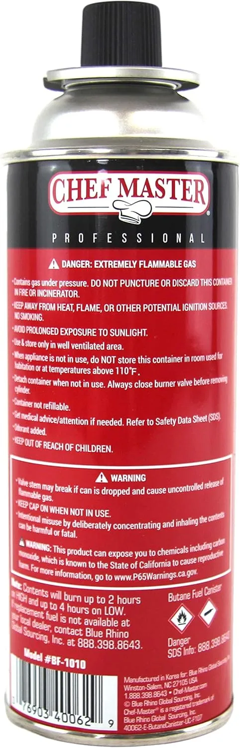 72 x 8oz. Butane Fuel Canister, Butane Fuel Refill for Portable Camping Stove, Kitchen Torch, Tin Canister for Portable Stove for Emergencies, Cooking, Grilling, Picnics & Camping by Chef Master 90340