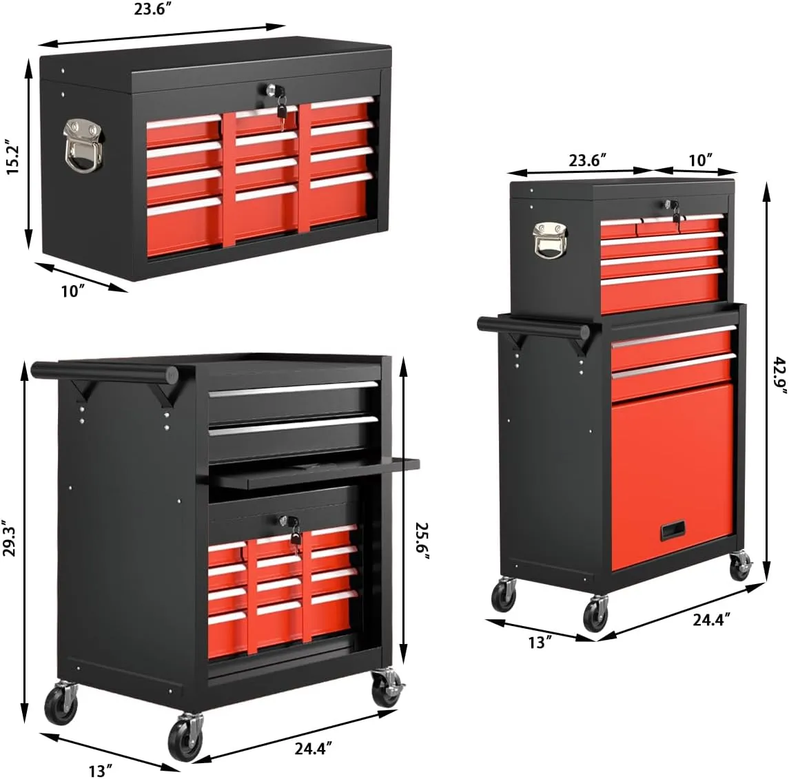 8-Drawer High Capacity Rolling Tool Chest, Removable Cabinet Storage Tool Box with Wheels and Drawers, Detachable Toolbox with Lock for Workshop (Black&red)