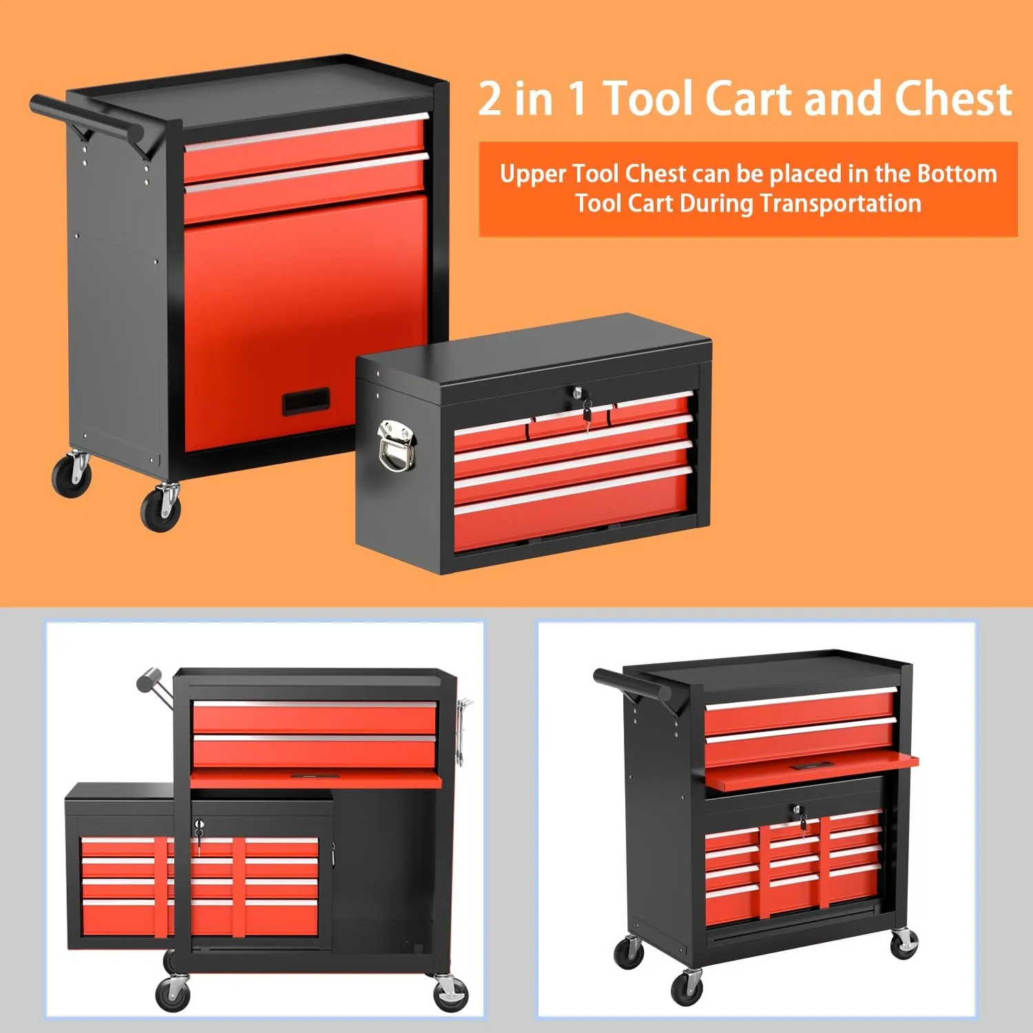 8-Drawer High Capacity Rolling Tool Chest, Removable Cabinet Storage Tool Box with Wheels and Drawers, Detachable Toolbox with Lock for Workshop (Black&red)