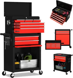 8-Drawer High Capacity Rolling Tool Chest, Removable Cabinet Storage Tool Box with Wheels and Drawers, Detachable Toolbox with Lock for Workshop (Black&red)