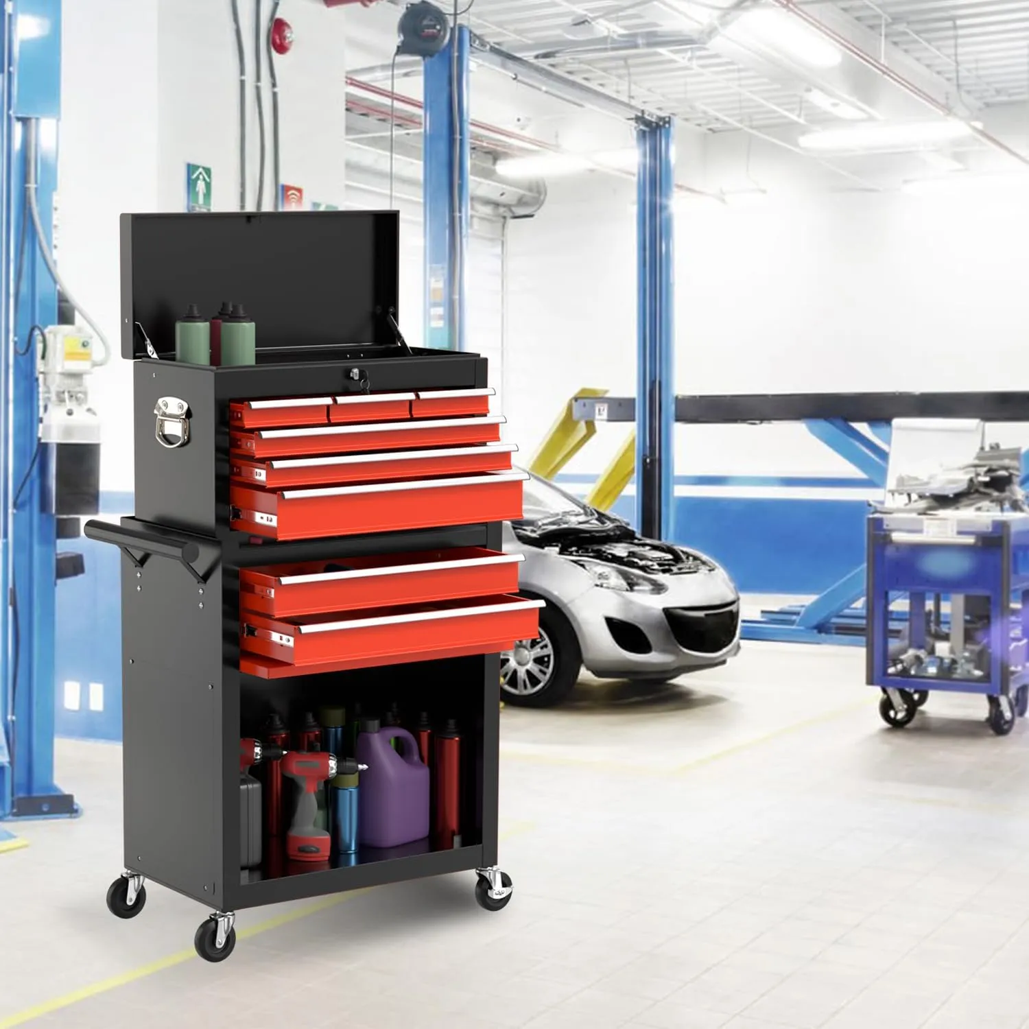 8-Drawer High Capacity Rolling Tool Chest, Removable Cabinet Storage Tool Box with Wheels and Drawers, Detachable Toolbox with Lock for Workshop (Black&red)