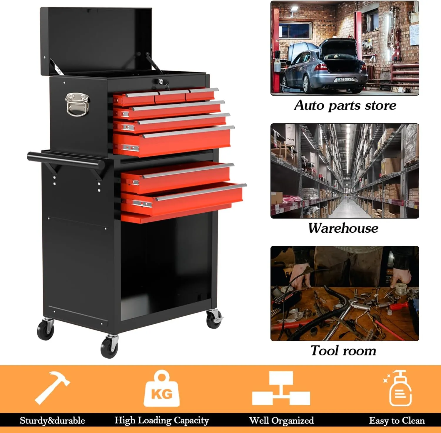 8-Drawer High Capacity Rolling Tool Chest, Removable Cabinet Storage Tool Box with Wheels and Drawers, Detachable Toolbox with Lock for Workshop (Black&red)