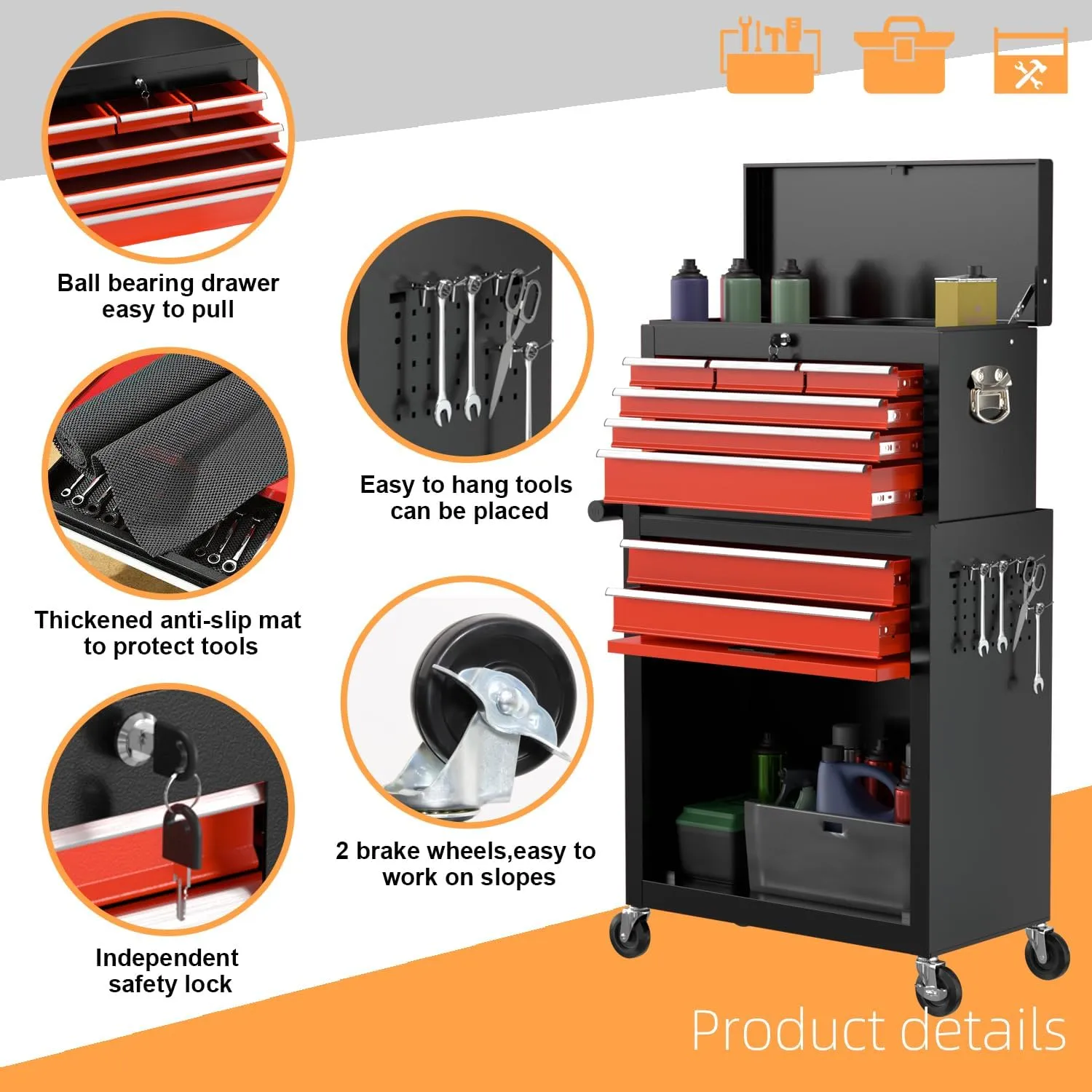 8-Drawer High Capacity Rolling Tool Chest, Removable Cabinet Storage Tool Box with Wheels and Drawers, Detachable Toolbox with Lock for Workshop (Black&red)