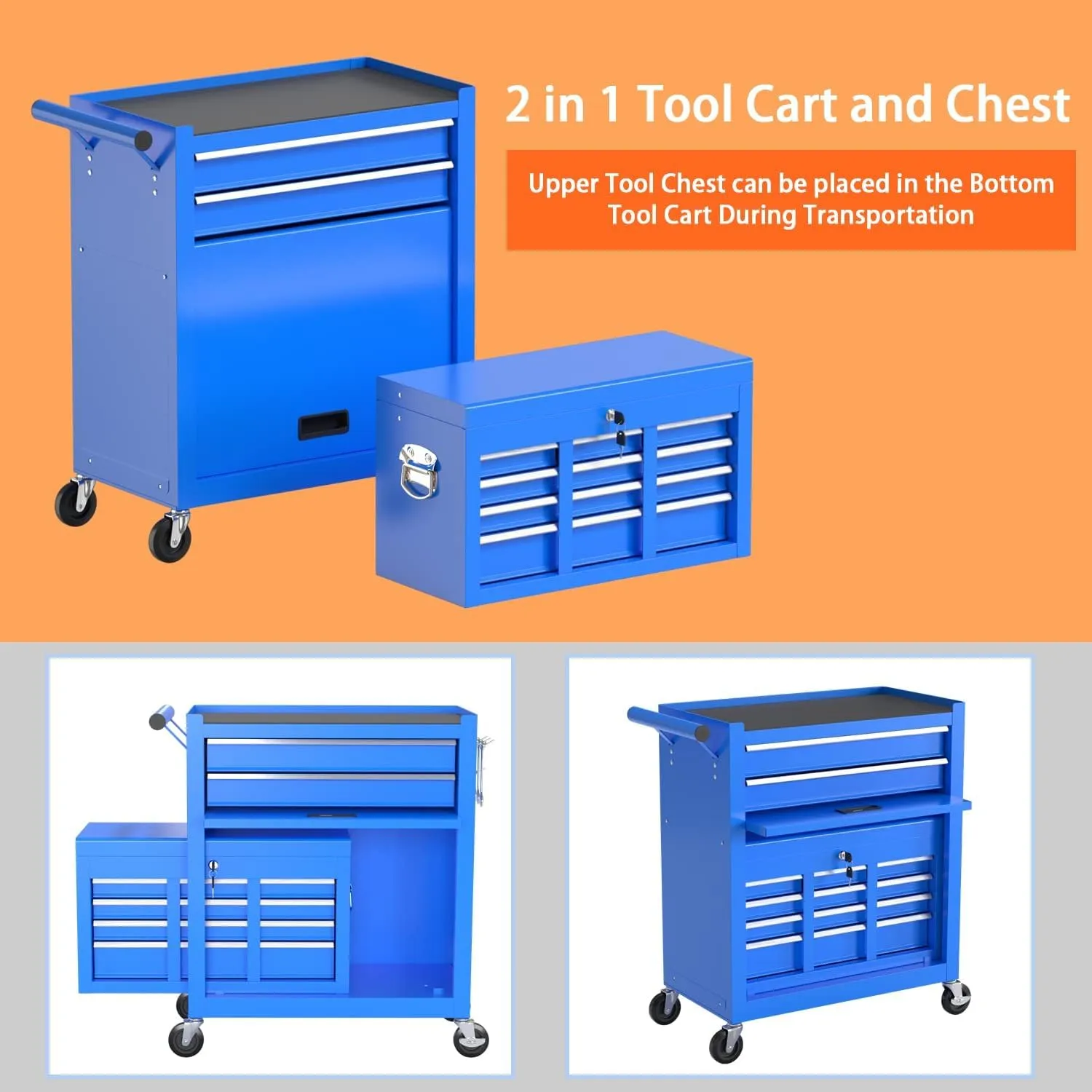 8-Drawer High Capacity Rolling Tool Chest, Removable Cabinet Storage Tool Box with Wheels and Drawers, Detachable Toolbox with Lock for Workshop Mechanics Garage（8-Drawer, Blue）