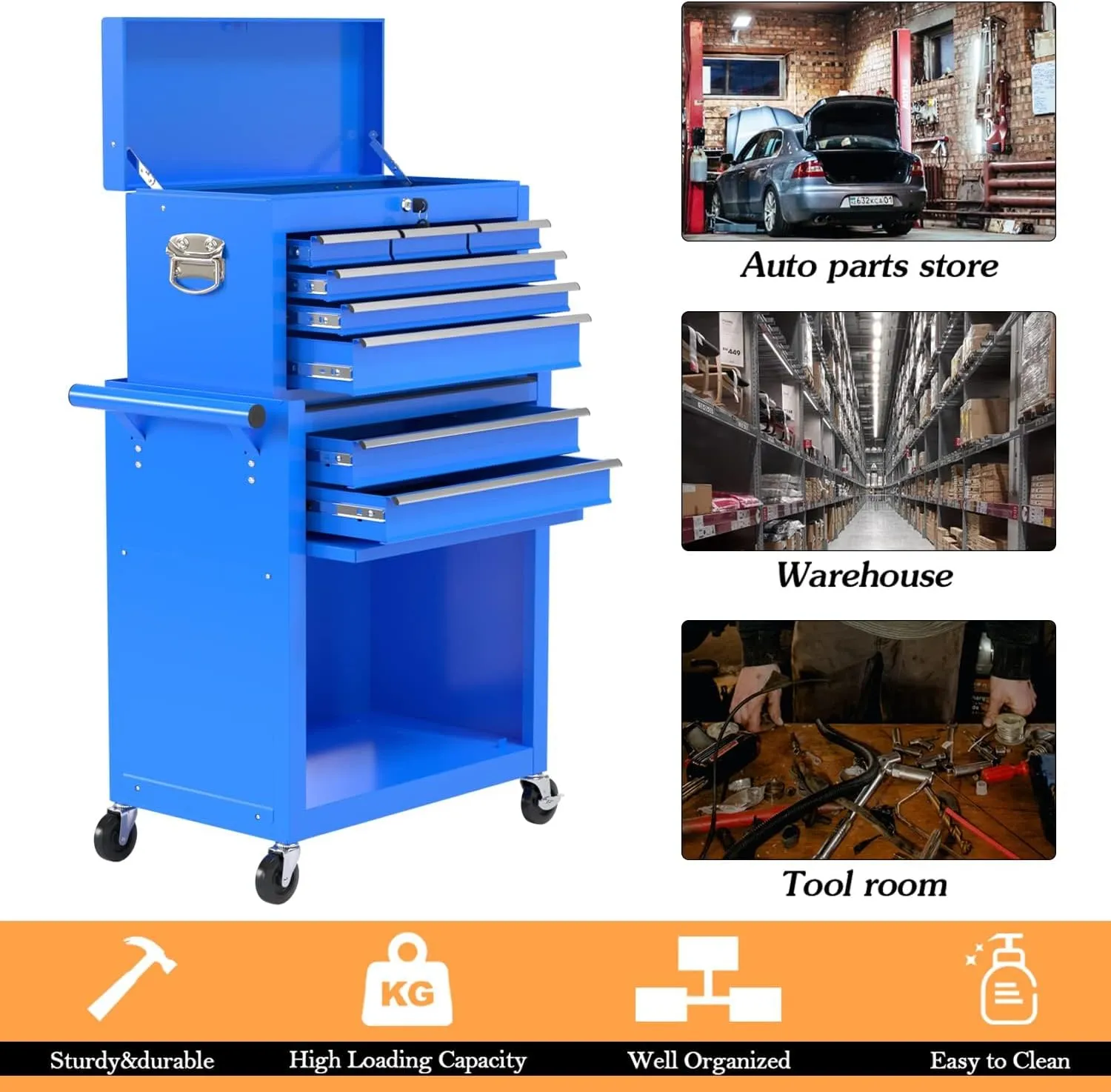 8-Drawer High Capacity Rolling Tool Chest, Removable Cabinet Storage Tool Box with Wheels and Drawers, Detachable Toolbox with Lock for Workshop Mechanics Garage（8-Drawer, Blue）