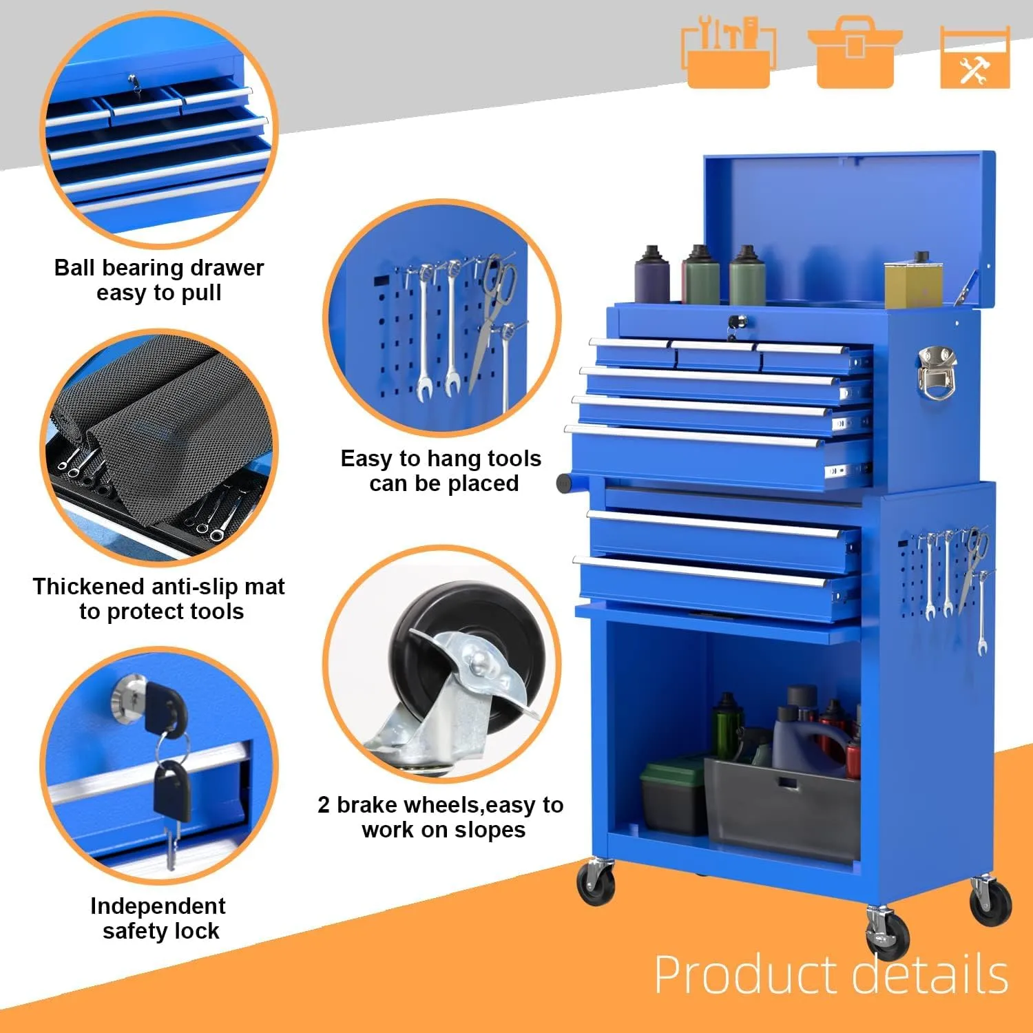 8-Drawer High Capacity Rolling Tool Chest, Removable Cabinet Storage Tool Box with Wheels and Drawers, Detachable Toolbox with Lock for Workshop Mechanics Garage（8-Drawer, Blue）