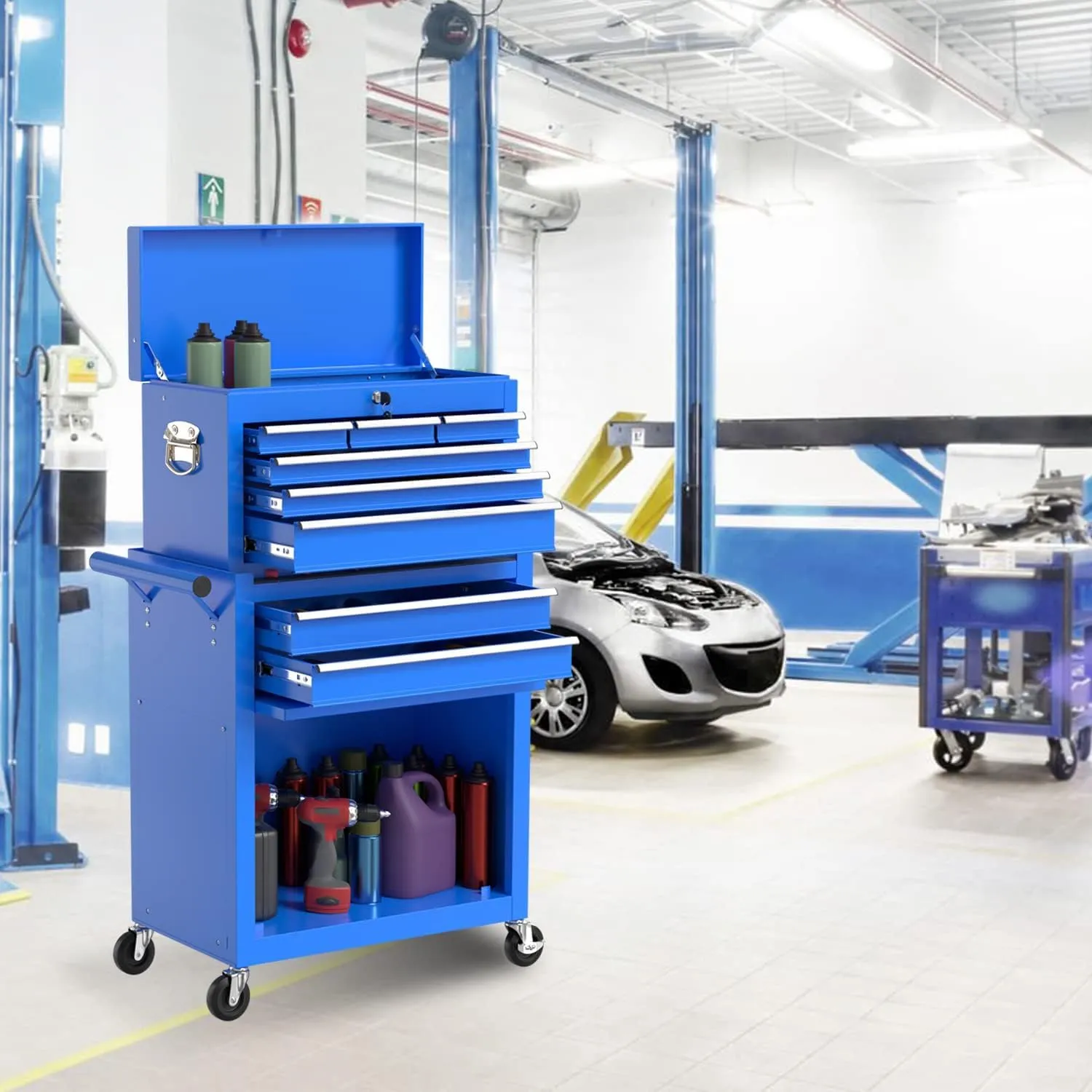 8-Drawer High Capacity Rolling Tool Chest, Removable Cabinet Storage Tool Box with Wheels and Drawers, Detachable Toolbox with Lock for Workshop Mechanics Garage（8-Drawer, Blue）