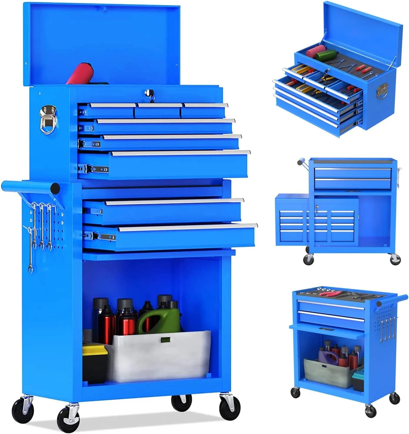 8-Drawer High Capacity Rolling Tool Chest, Removable Cabinet Storage Tool Box with Wheels and Drawers, Detachable Toolbox with Lock for Workshop Mechanics Garage（8-Drawer, Blue）