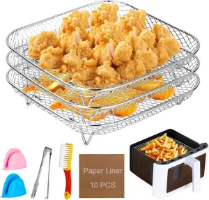 8 inch Air Fryer Rack 3-Layer Stackable 304 Stainless Steel, 360° Circulation Heating, Multi-Use Dehydration Rack, Accessories for Gourmia, Cosori, Instant Vortex, Ninja Foodi (Inner Size >8.5 inch)