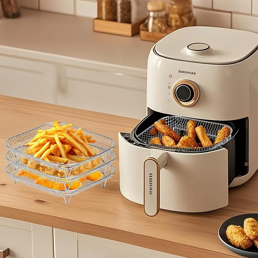 8 inch Air Fryer Rack 3-Layer Stackable 304 Stainless Steel, 360° Circulation Heating, Multi-Use Dehydration Rack, Accessories for Gourmia, Cosori, Instant Vortex, Ninja Foodi (Inner Size >8.5 inch)