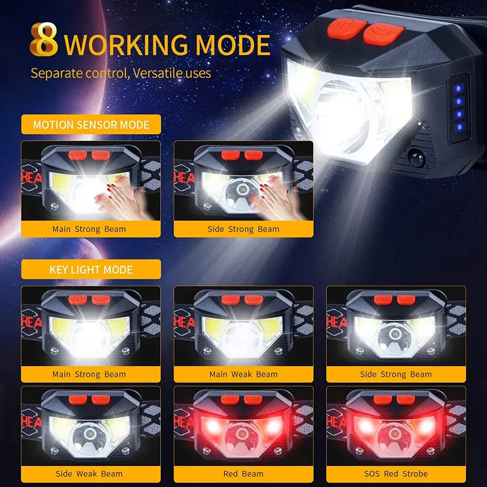 8 Modes LED Headlamp, Motion Sensor, 500LM, XPG   COB LEDs, USB Rechargeable, IPX4 Waterproof, Lightweight Headlight for Camping and Fishing