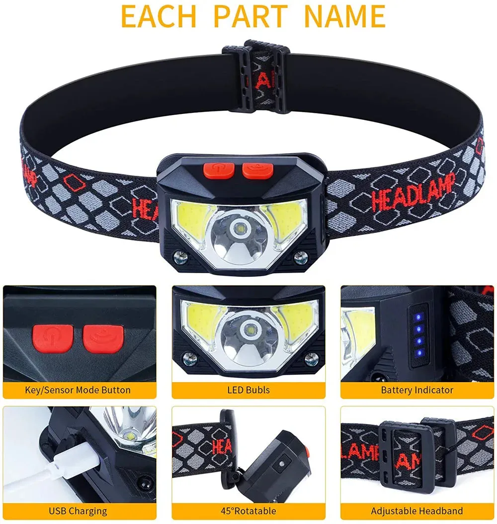 8 Modes LED Headlamp, Motion Sensor, 500LM, XPG   COB LEDs, USB Rechargeable, IPX4 Waterproof, Lightweight Headlight for Camping and Fishing