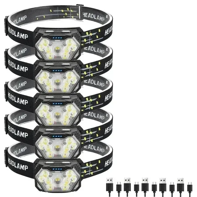 9 LED Rechargeable Waterproof Headlamp with Motion Sensor for Camping and Fishing