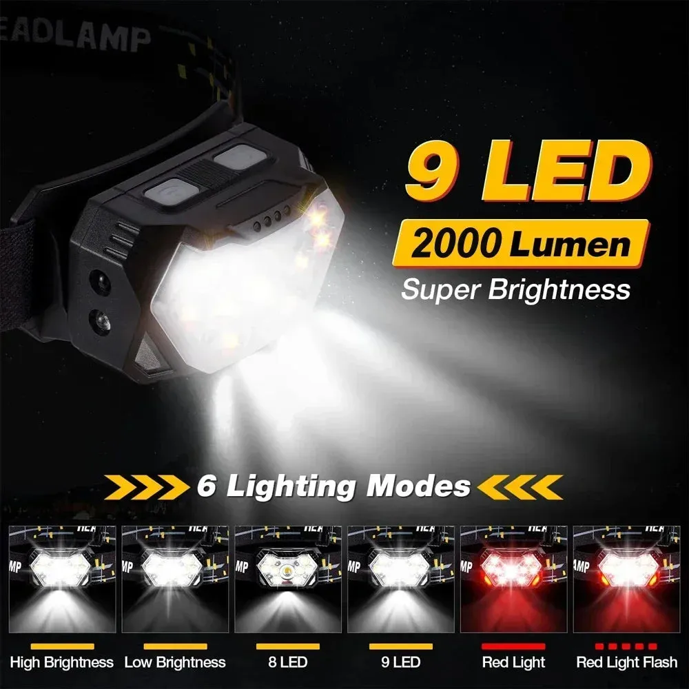 9 LED Rechargeable Waterproof Headlamp with Motion Sensor for Camping and Fishing