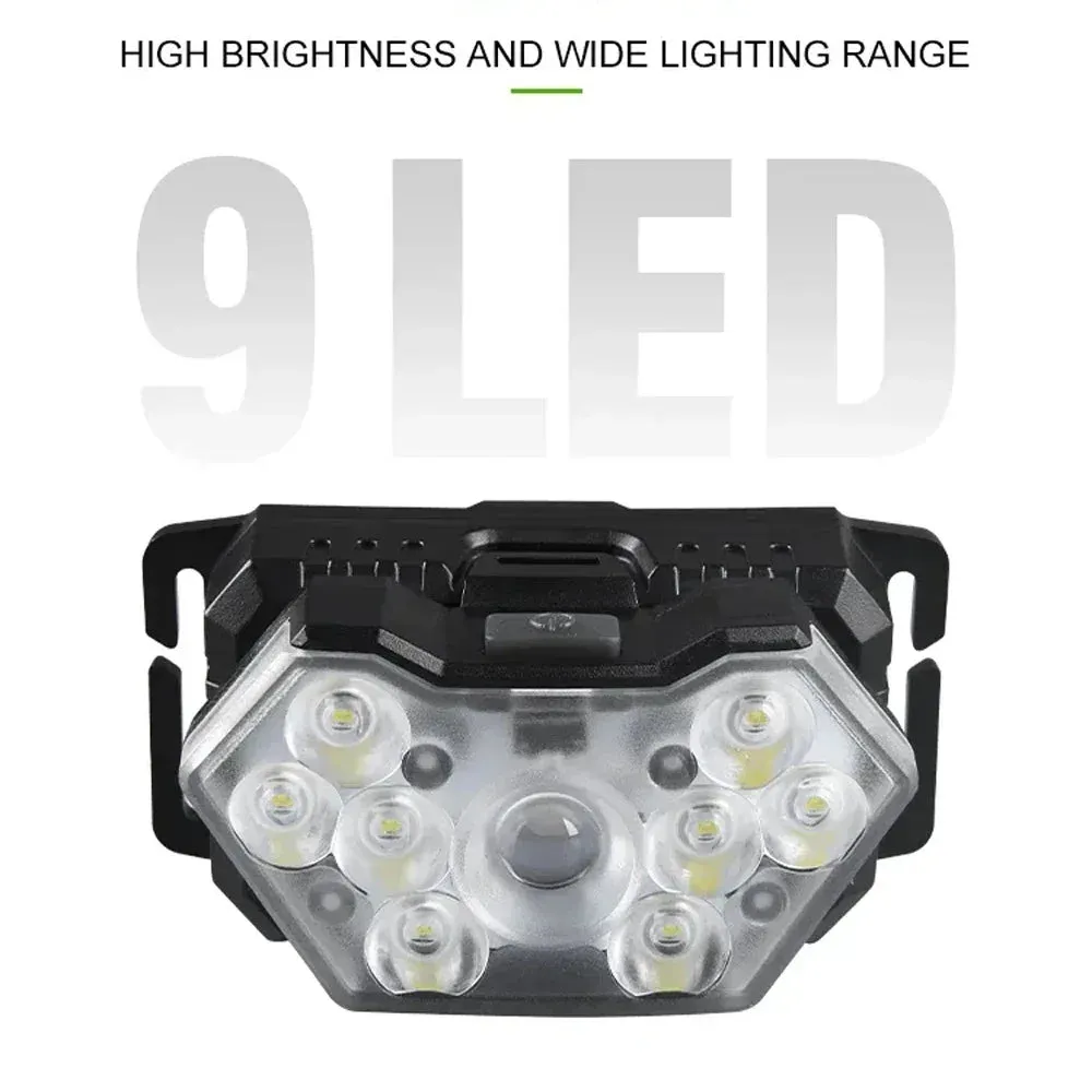 9 LED Rechargeable Waterproof Headlamp with Motion Sensor for Camping and Fishing