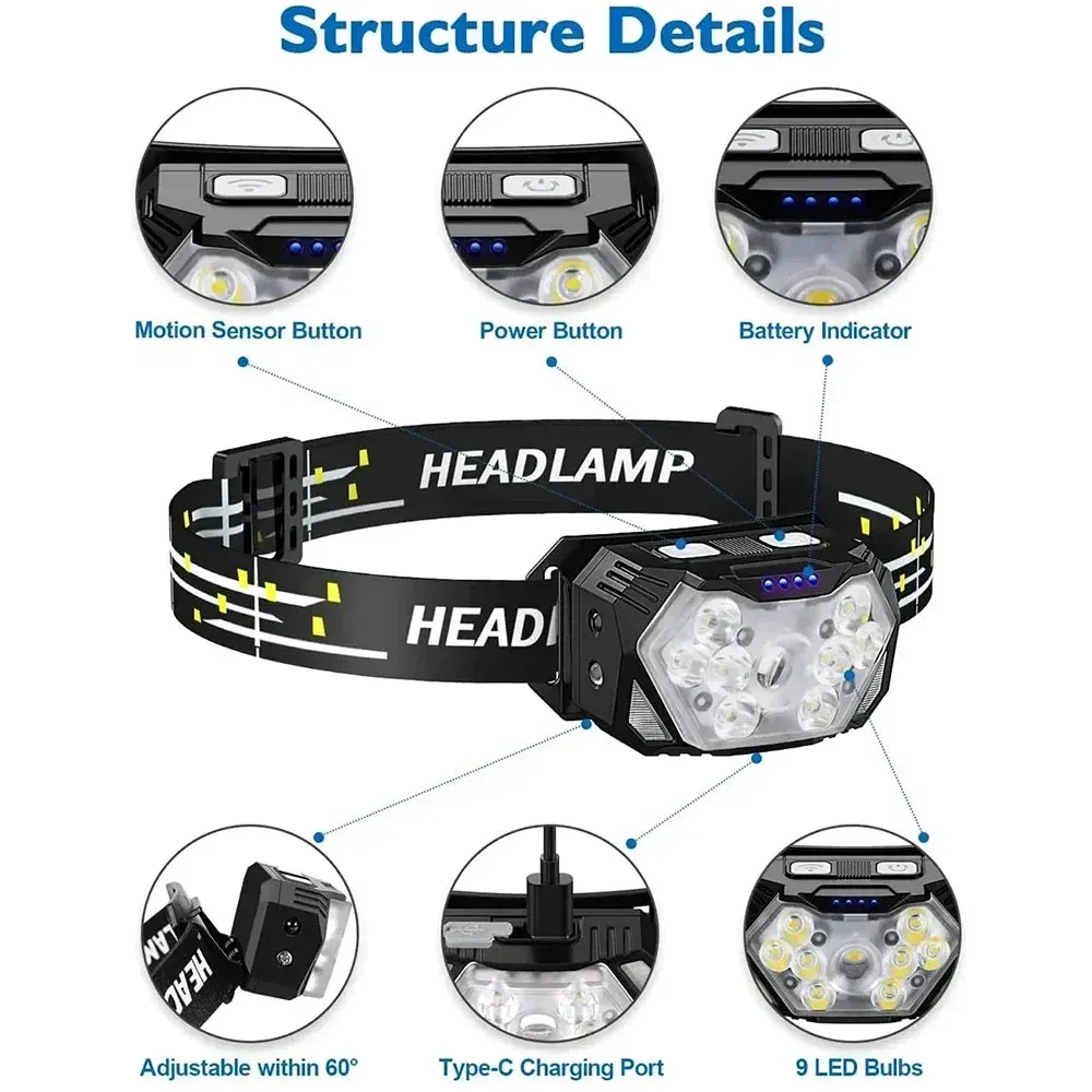 9 LED Rechargeable Waterproof Headlamp with Motion Sensor for Camping and Fishing