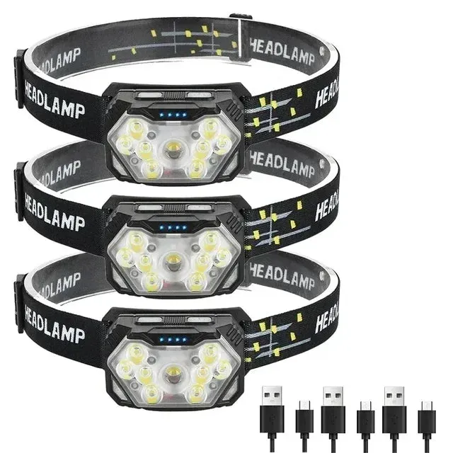 9 LED Rechargeable Waterproof Headlamp with Motion Sensor for Camping and Fishing