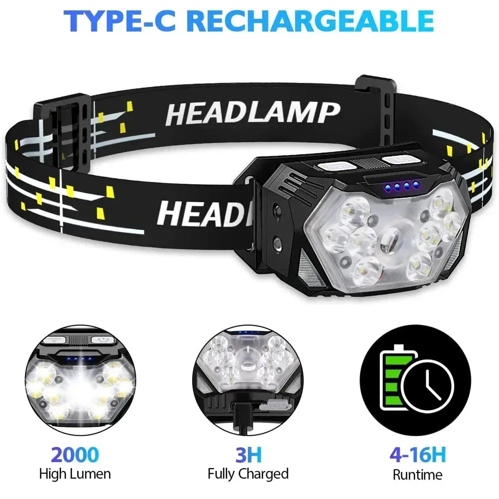 9 LED Rechargeable Waterproof Headlamp with Motion Sensor for Camping and Fishing