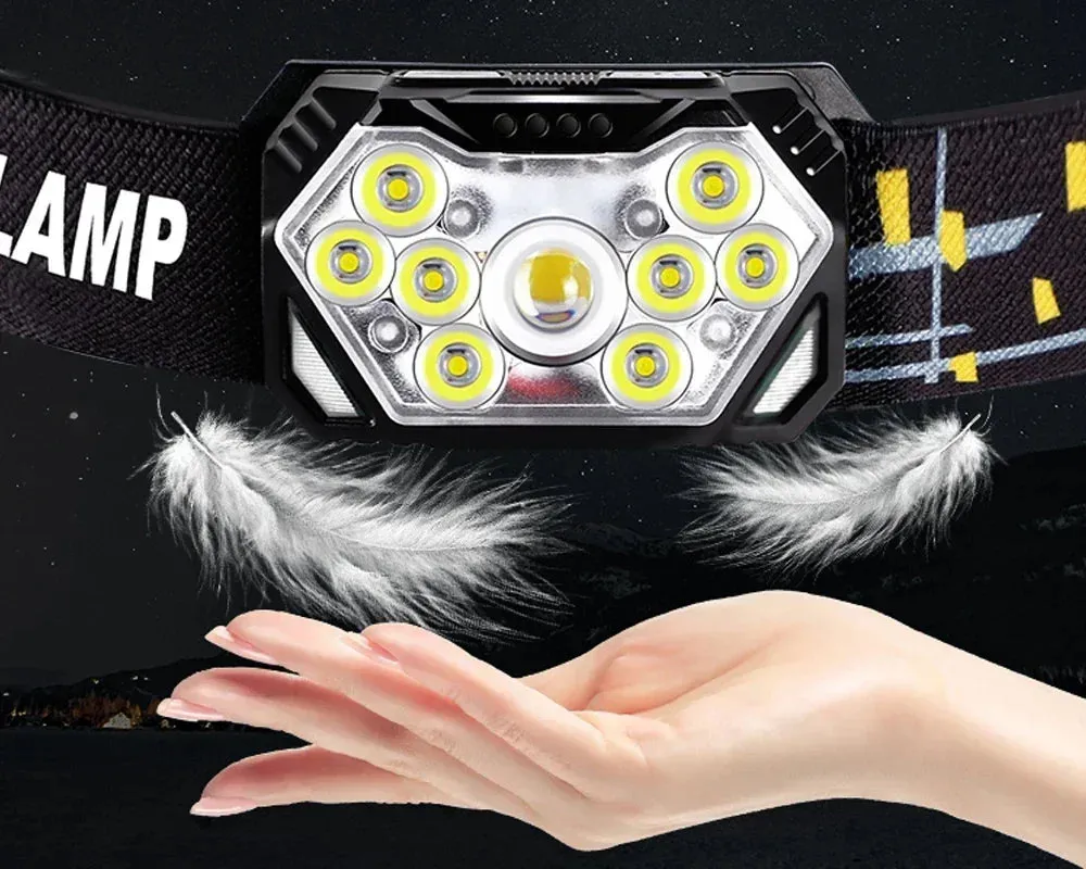 9 LED Rechargeable Waterproof Headlamp with Motion Sensor for Camping and Fishing