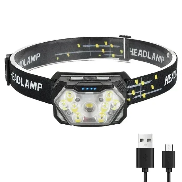 9 LED Rechargeable Waterproof Headlamp with Motion Sensor for Camping and Fishing