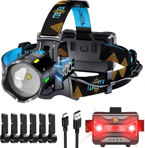 990000 LM 11 Modes Headlamp Sensor Red Warning Zoomable Energy Saving, 90 Hour Battery Standby Head Lamp, IP68 Waterproof And 125° Adjustable Head light for Outdoor Camping Hiking Hunting Hardhat