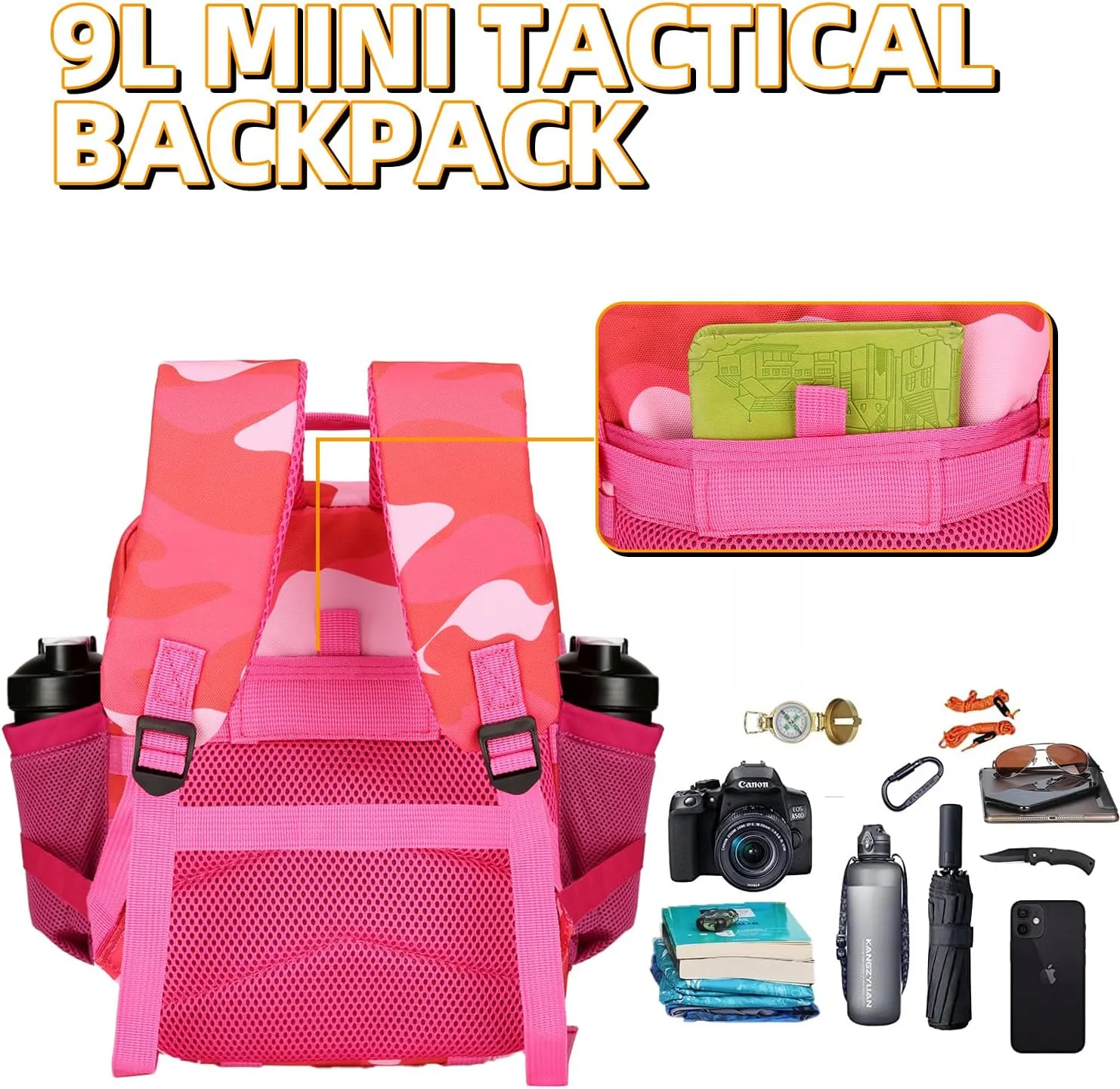 9L Mini Tactical Backpack 9L Assault Pack 9L Tactical Backpack Hiking Fitness Backpack(Rose red cp)