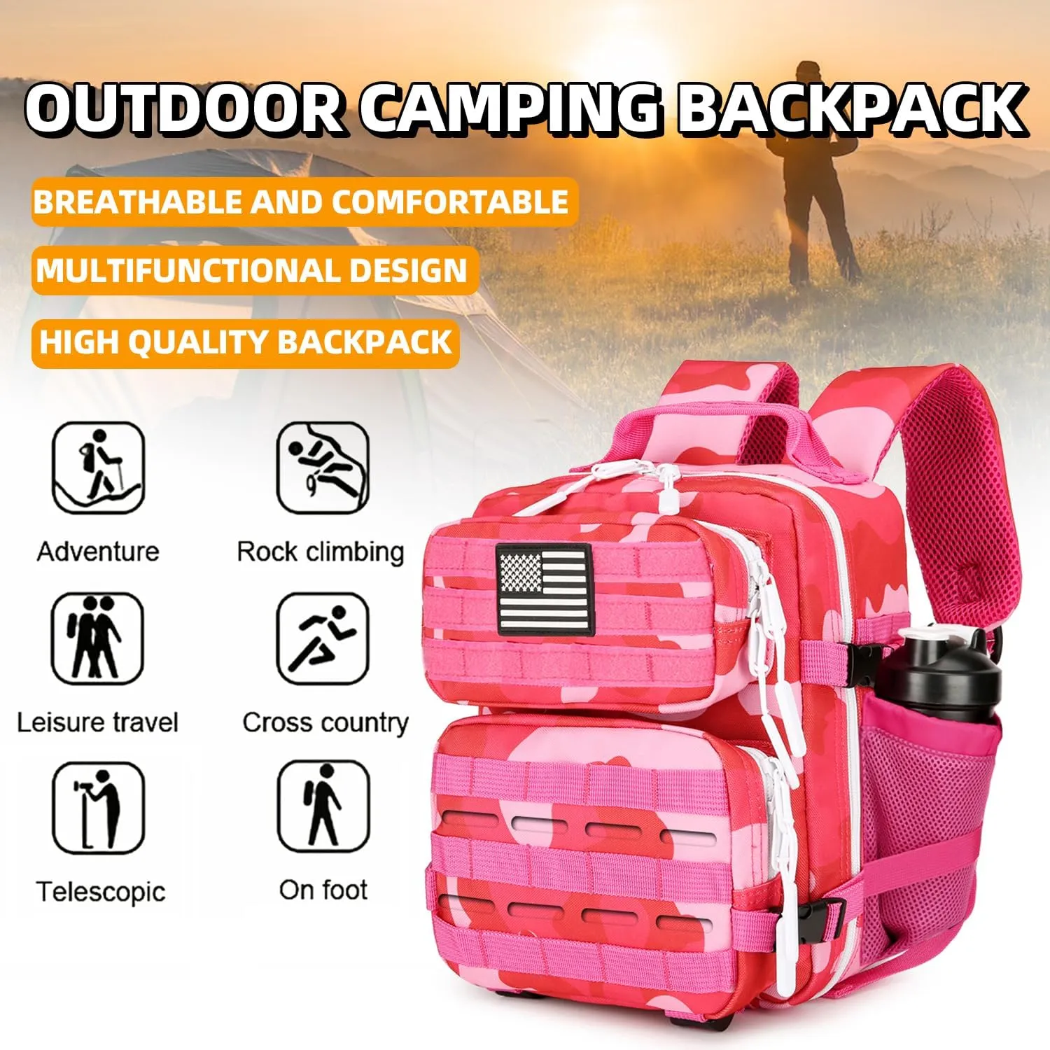 9L Mini Tactical Backpack 9L Assault Pack 9L Tactical Backpack Hiking Fitness Backpack(Rose red cp)