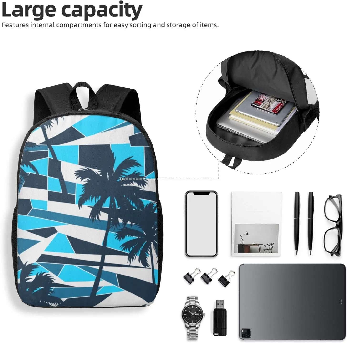 Abstract Surf Pattern With Palm Trees Backpack, 17 Inch Travel Business Laptop Backpack For Women Men