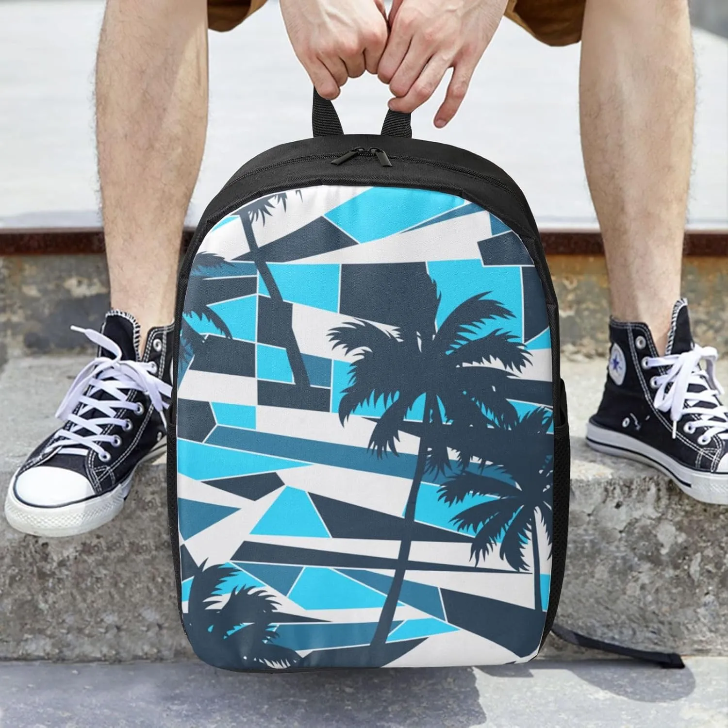 Abstract Surf Pattern With Palm Trees Backpack, 17 Inch Travel Business Laptop Backpack For Women Men