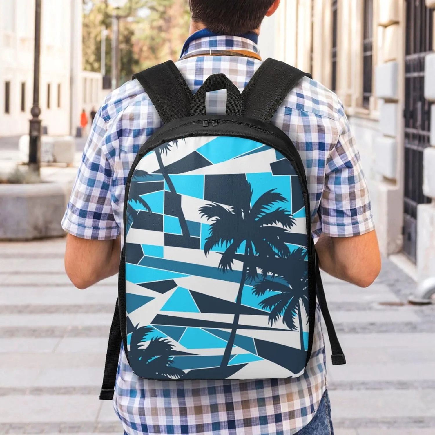 Abstract Surf Pattern With Palm Trees Backpack, 17 Inch Travel Business Laptop Backpack For Women Men