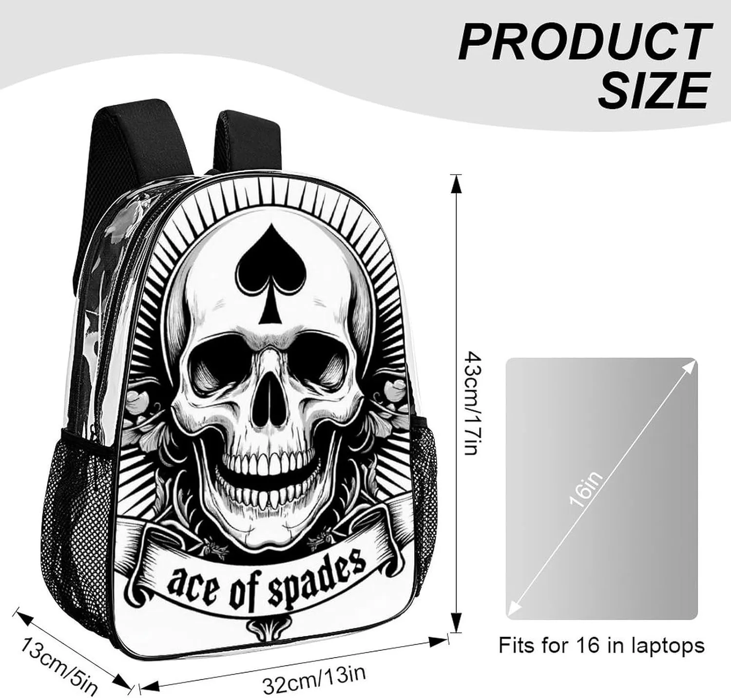 Ace Of Spades Skull Art Shoulder Book Bags Transparent Multipurpose Anti-Theft Carry On Bag Large Capacity Travel Hiking & Camping Rucksack