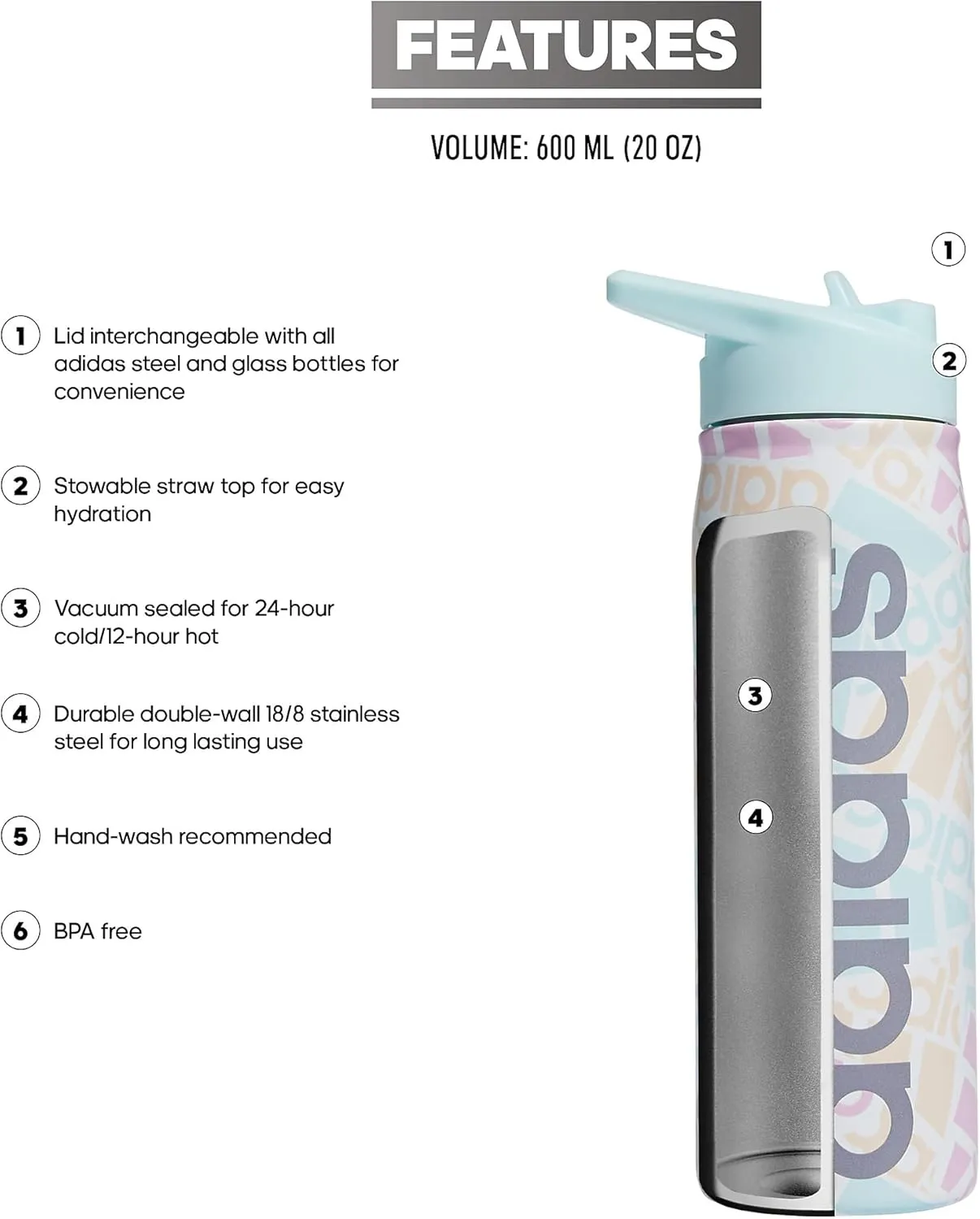 adidas 600 ML (20 oz) Straw Top Metal Water Bottle, Hot/Cold Double-Walled Insulated 18/8 Stainless Steel, Adi Multi Collage/Almost Blue/Grey, One Size