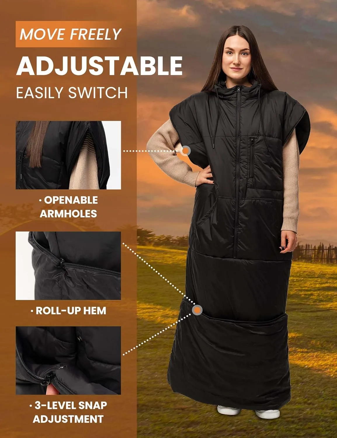 Adult Wearable Sleeping Bag with Hoodie, Sleeveless Design Adjustable Drawstring Waterproof Wearable Sleeping Bag Ideal for Camping, Cold Weather