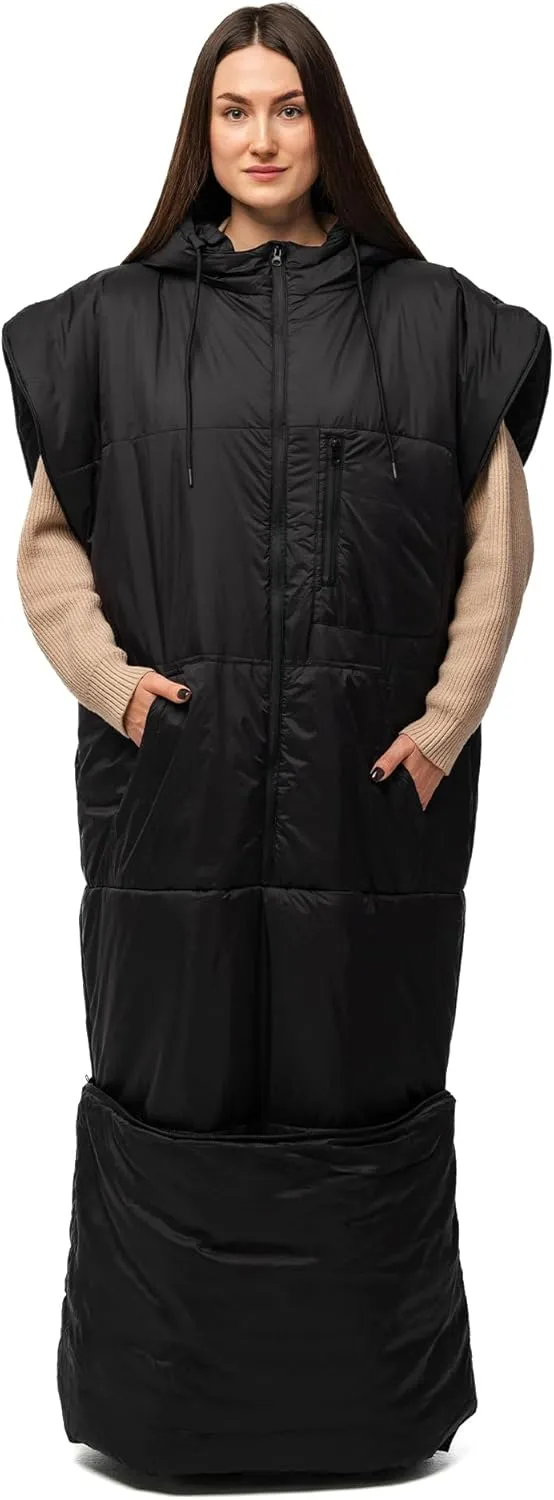Adult Wearable Sleeping Bag with Hoodie, Sleeveless Design Adjustable Drawstring Waterproof Wearable Sleeping Bag Ideal for Camping, Cold Weather