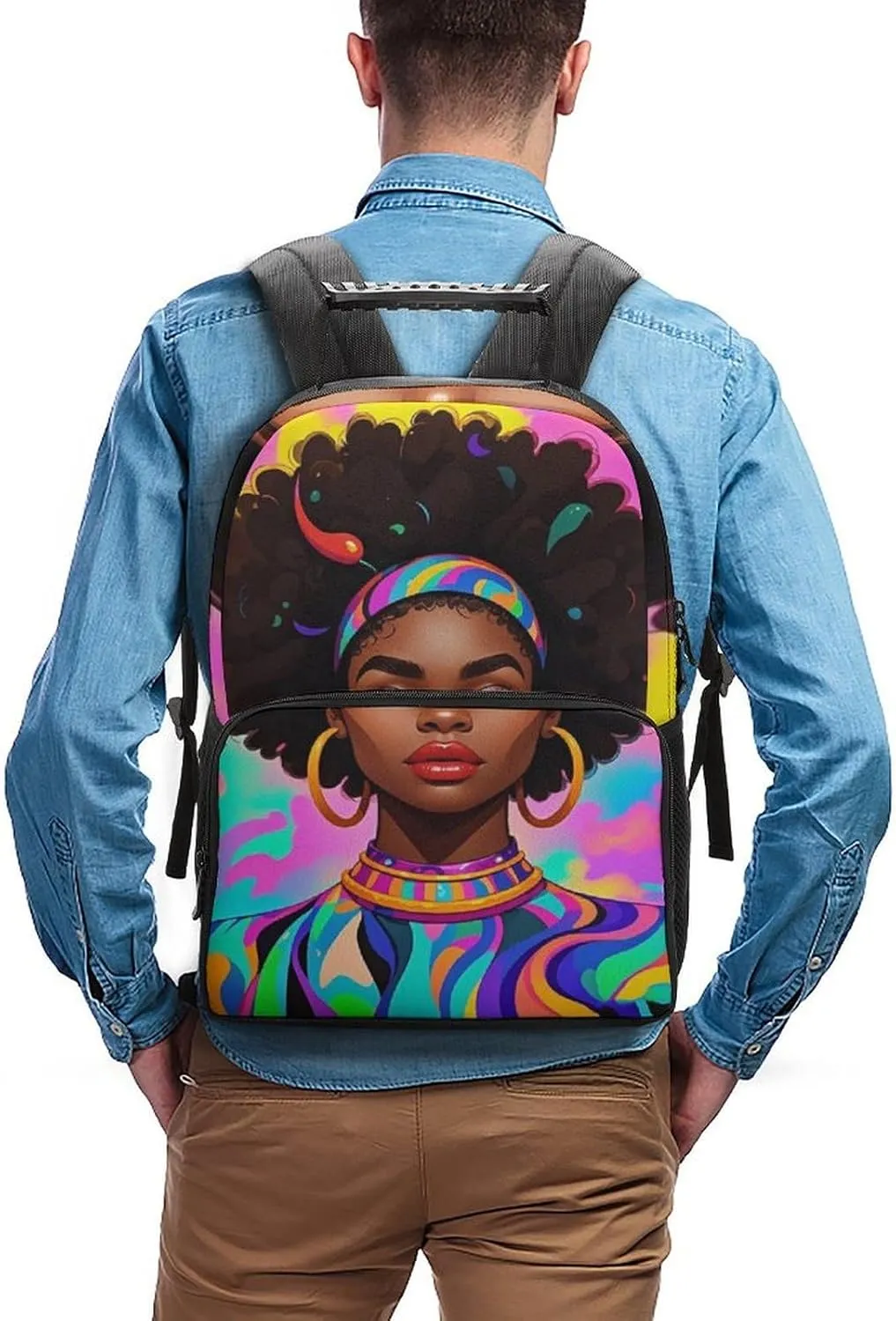 Adults Lightweight Cool African American Woman Bold And Colorful Art Rucksacks Large Capacity Bookbag With Adjustable Shoulder Straps for Trekking Outdoors Bicycle