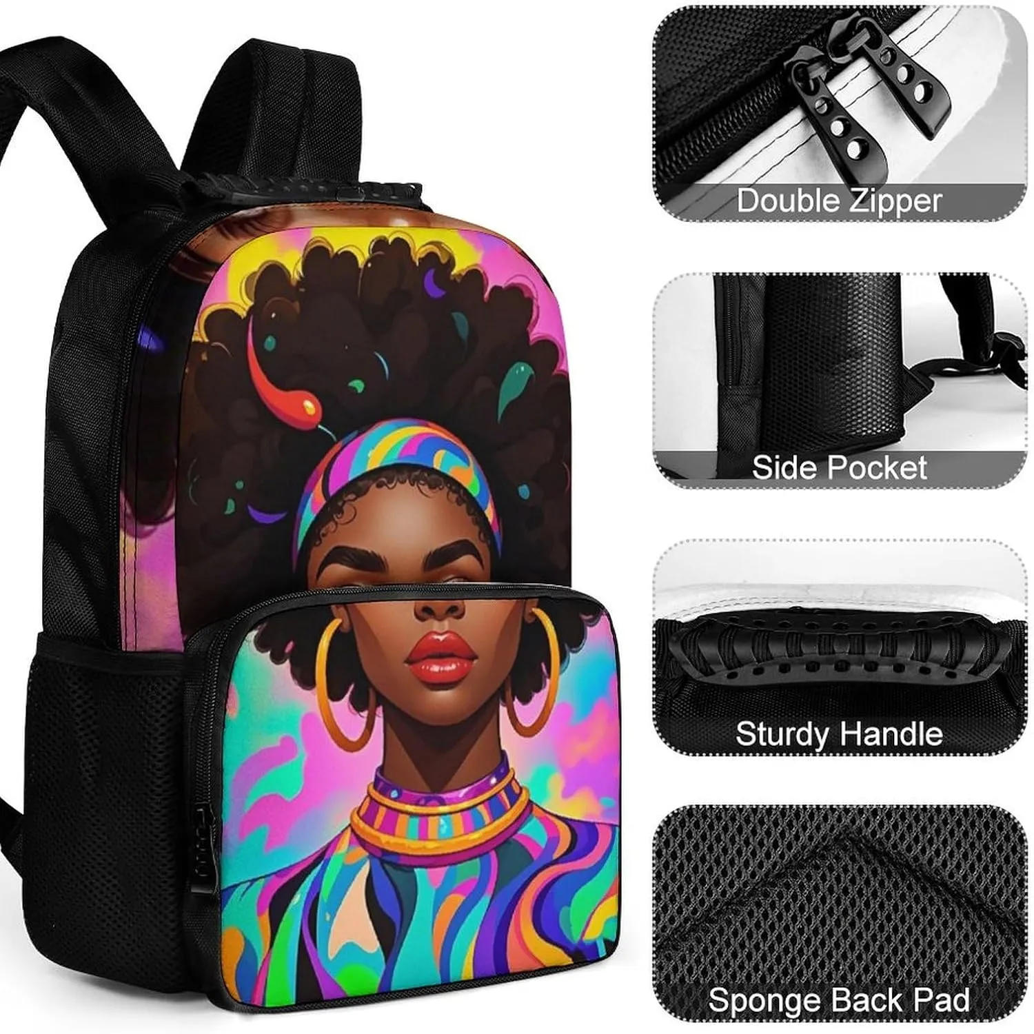 Adults Lightweight Cool African American Woman Bold And Colorful Art Rucksacks Large Capacity Bookbag With Adjustable Shoulder Straps for Trekking Outdoors Bicycle